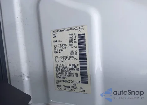 2022 Nissan Rogue S Fwd z USA, uszkodzony, nr VIN 5N1BT3AA9NC702604